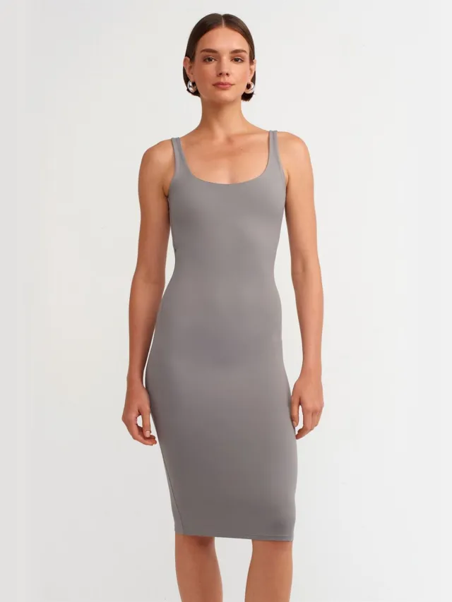 Dilvin Mouwloze Bodycon Midi Jurk Grijs