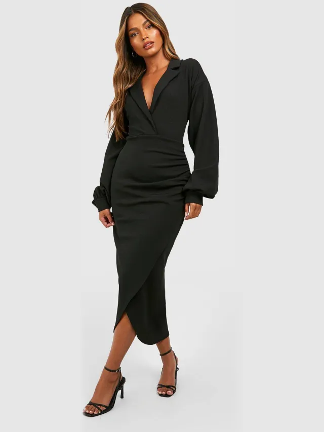 boohoo Dames Crepe Shirtjurk met Volumineuze Mouwen, Wrap-voorkant en Midaxi Lengte Zwart