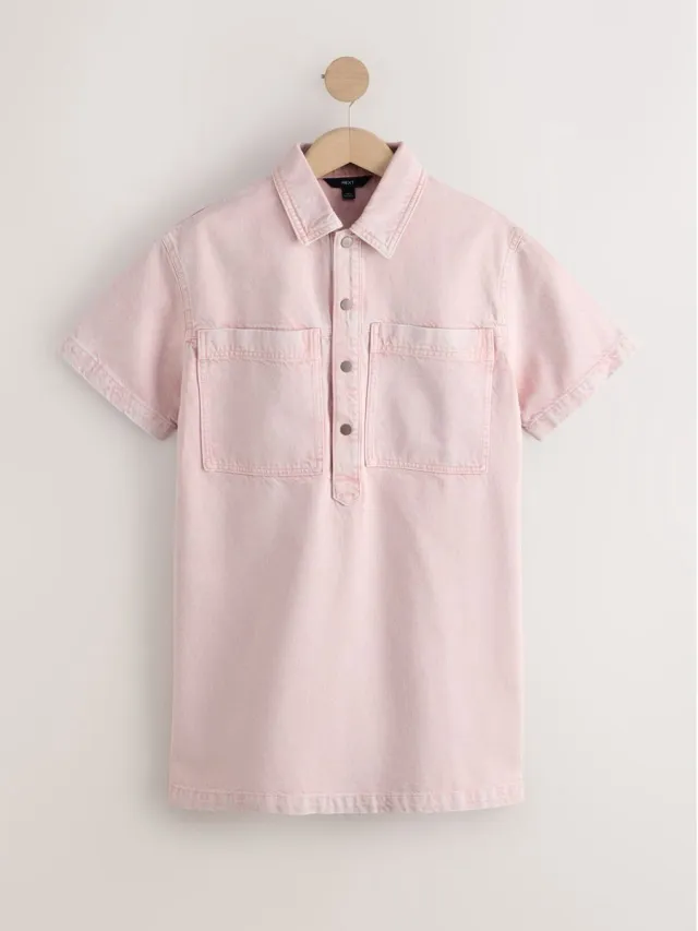 Next Dames - Denim mini-jurk in utlitystijl met korte mouwen - Roze