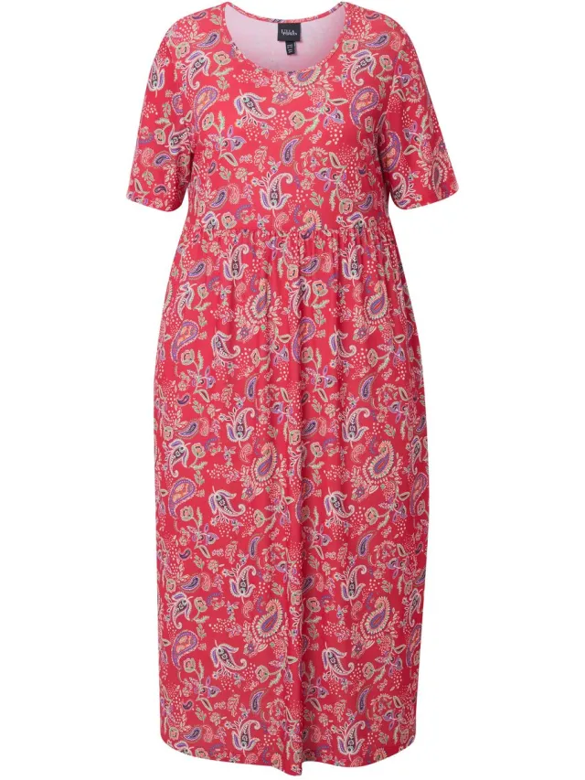 Ulla Popken Dames - Maxi-jurk A-lijn ronde hals halve mouwen zakken - Pauwenblauw - Maat 62+
