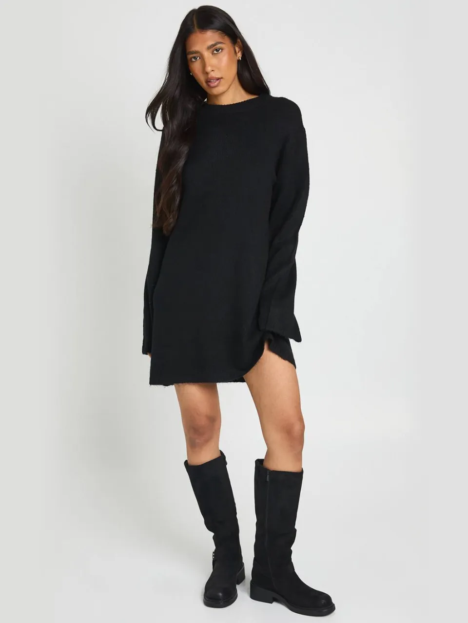 boohoo Dames Tall Gebreide Mini-jurk Met Ronde Hals En Uitlopende Mouwen zwart, foto 2