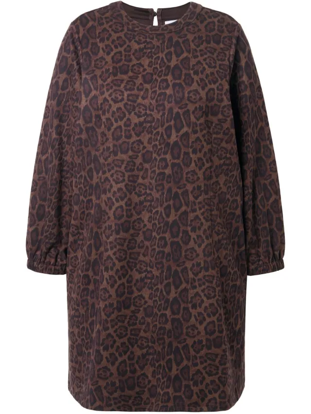 Studio Untold Dames - Jurk oversized suède met luipaardpatroon ballonmouwen - Diep reebruin - Maat 42+