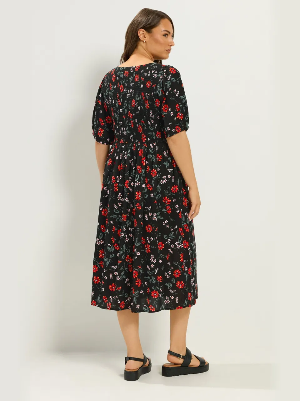 Yours Zwarte Jurk Met Bloemenprint, Pofmouwen En Plooien, foto 2