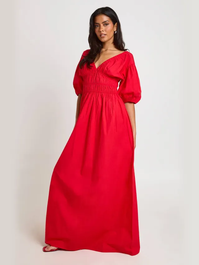 boohoo Dames Katoenen Popeline Maxi Jurk Met Gerimpelde Top V-hals En Pofmouwen Rood