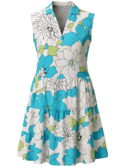 Conquista Mouwloze jurk met bloemenprint, gelaagde rok en V-hals. Blauw