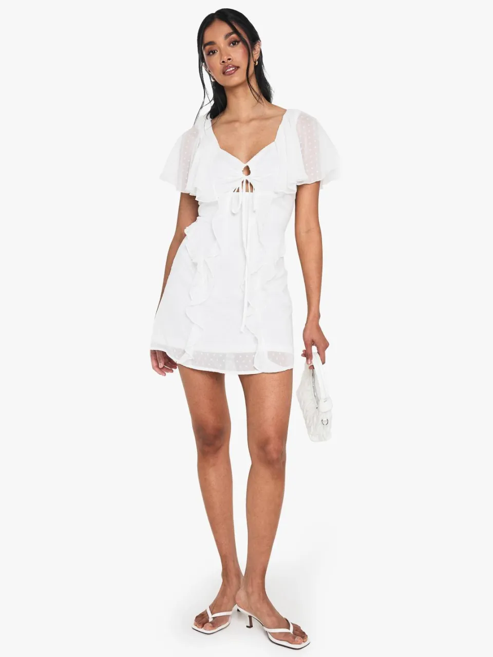 boohoo Dames Dobby Chiffon Ruffle Mini Jurk ivoor, foto 2