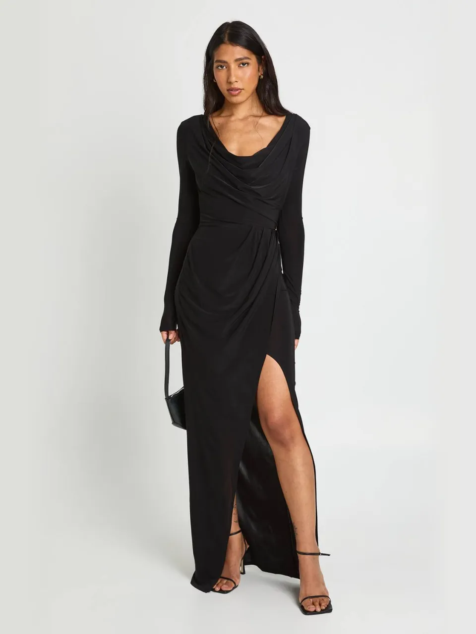 boohoo Dames Lange Slinky Geplooid Wikkel Maxi Jurk Met Lange Mouwen zwart, foto 3