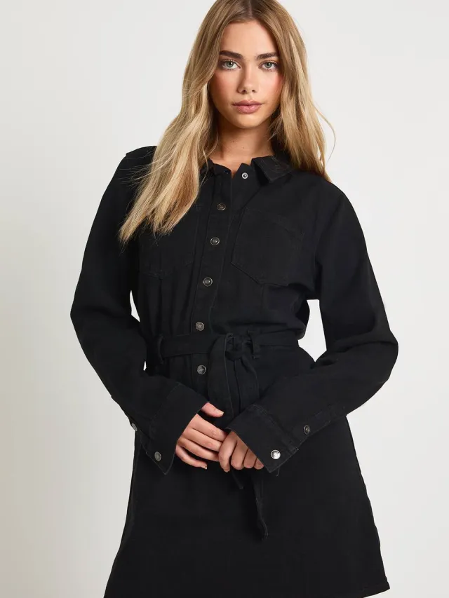 boohoo Dames Denim Overhemdjurk Zwart