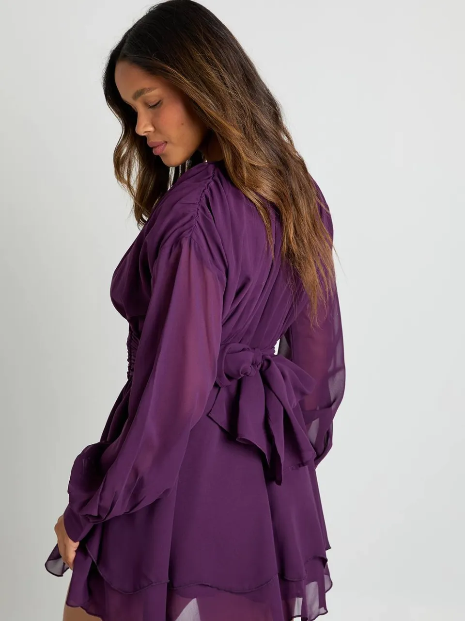 boohoo Dames Chiffon lange mouw skaterjurk pruim, foto 2