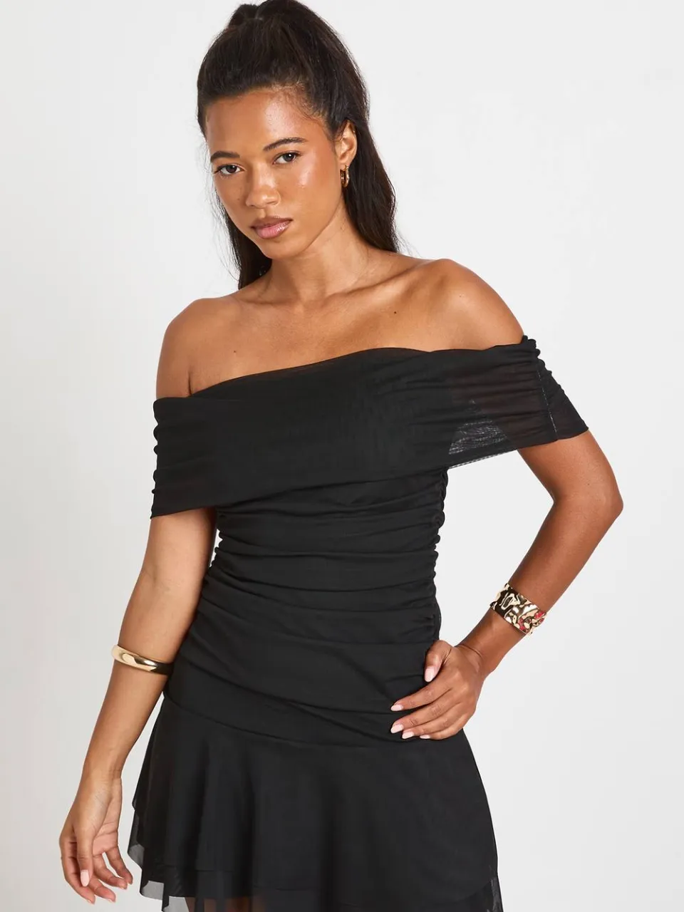 boohoo Dames Mesh Bardot Geplooid Body Skater Jurk zwart, foto 3