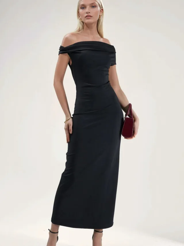 Hiccup Asymmetrische Kraag Bodycon Maxi Jurk zwart