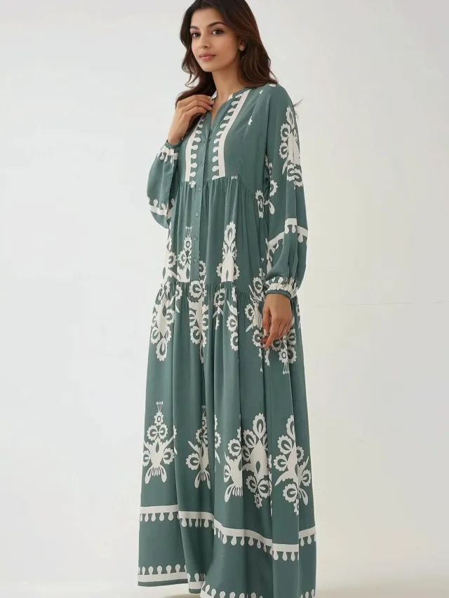 Hiccup Geprinte Lange Mouwen Viscose Maxi Jurk Saliegroen