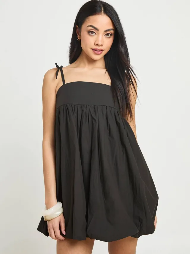boohoo Dames Katoenen Popeline Pofbal Mini Jurk Zwart