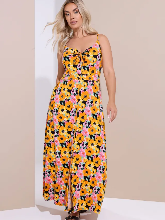 Yours Zwarte En Oranje Maxijurk Met Bloemenprint-52 Black