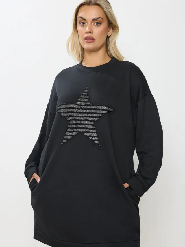 Yours Zwarte Metallic Sterren Sweatshirtjurk-56 Black
