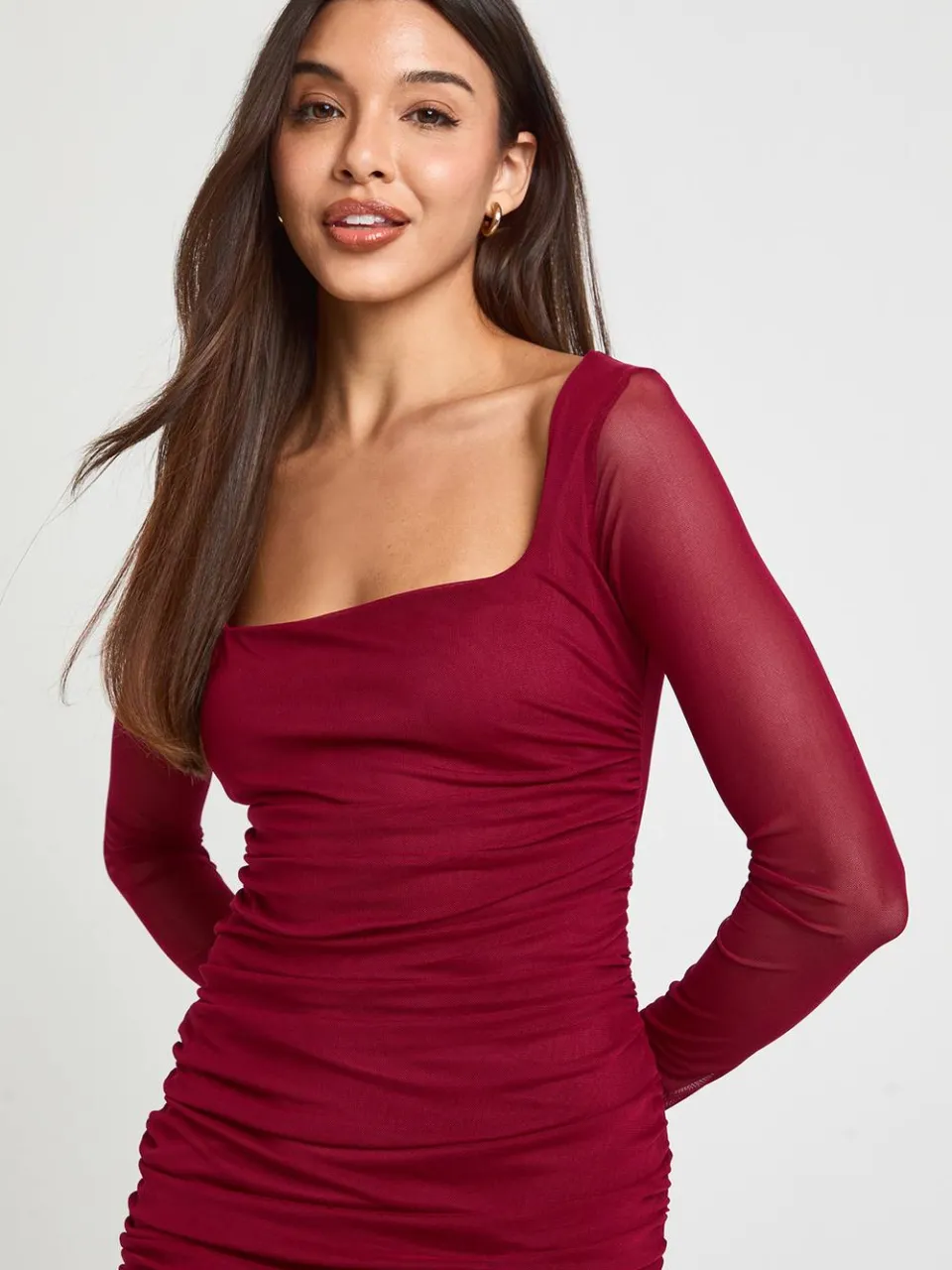 boohoo Dames Bodycon Mini-jurk Met Vierkante Hals En Gerimpeld Mesh bordeaux rood, foto 4
