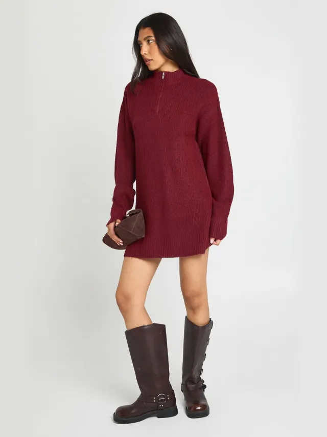 boohoo Dames Lange Zachte Gebreide Oversized Trui-jurk Met Ritskraag Bordeaux Rood