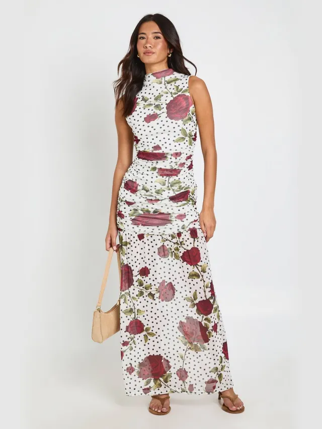 boohoo Dames Gebloemde Polkadot Maxi Jurk Met Gerimpeld Lijfje Ivoor