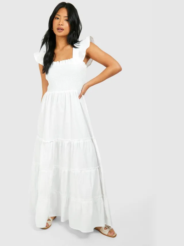 boohoo Dames Kleine Shirred Poplin Midaxi Jurk Ivoor