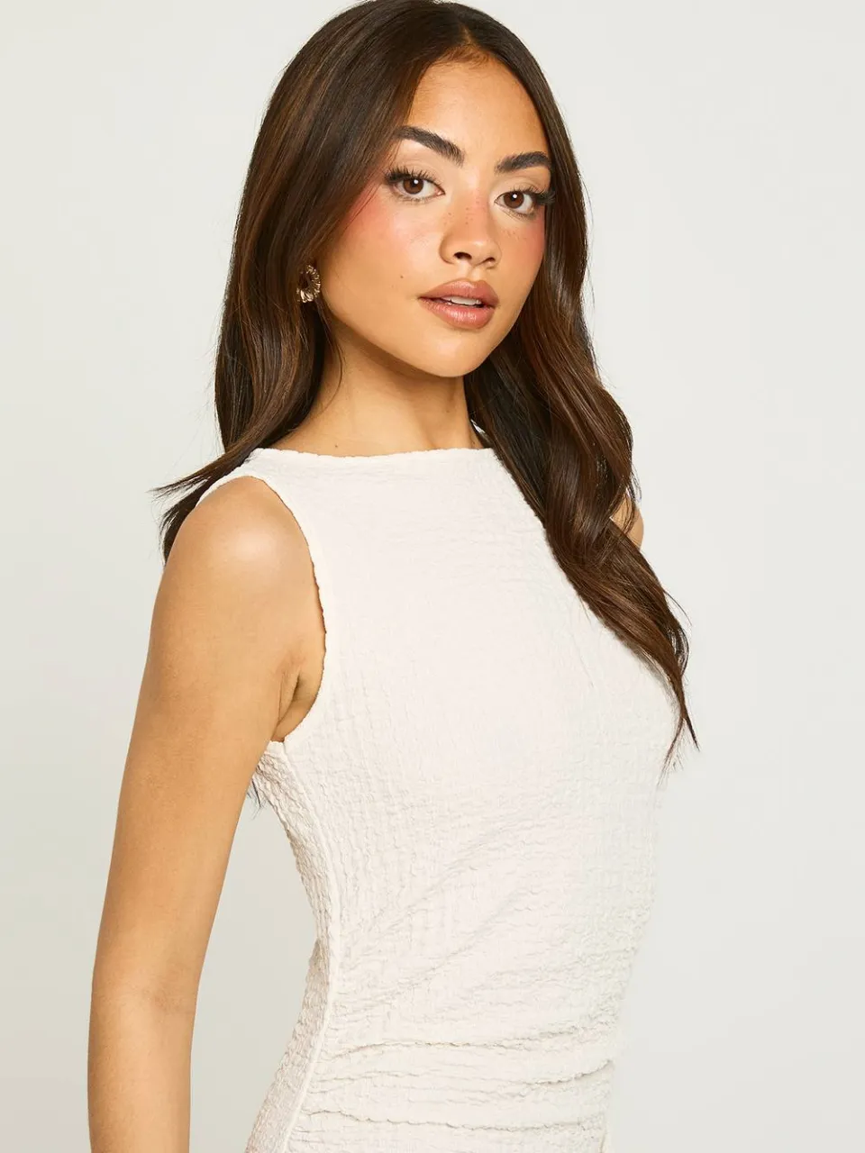 boohoo Dames Gestructureerde Mini-jurk Met Slash-hals En Gerimpelde Taille ivoor, foto 4