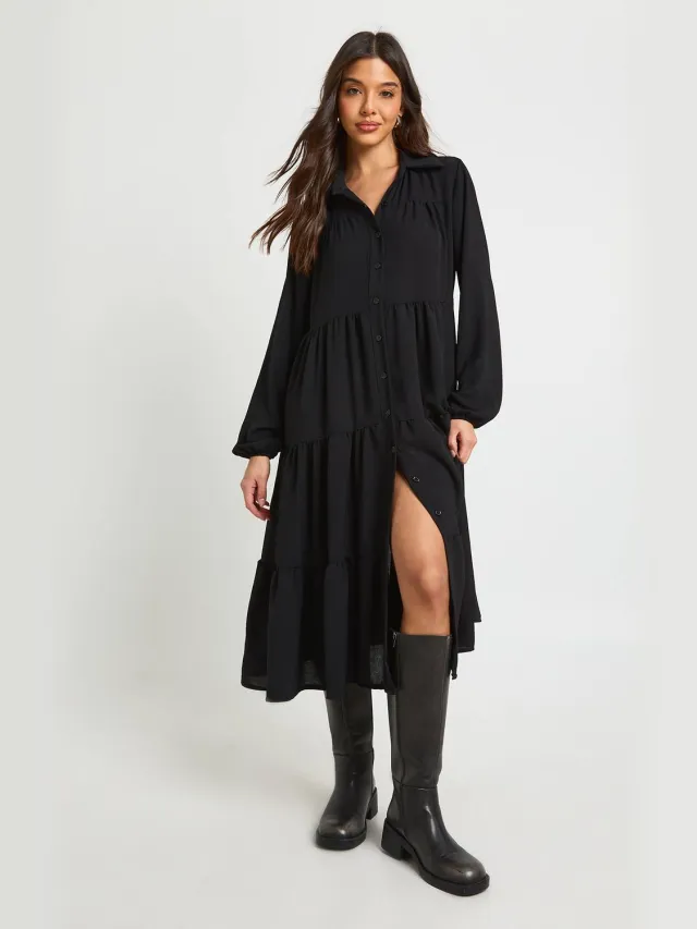 boohoo Dames Met textuur gelaagde midi smockjurk Zwart