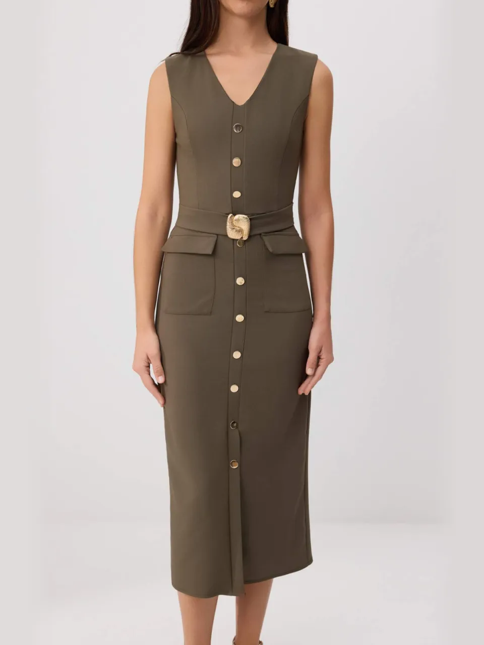 Trendyol TRENDYOLMİLLA Dames Kaki Effen Midi Mouwloos Avond / Dagelijks Bodycon Jurken, foto 2