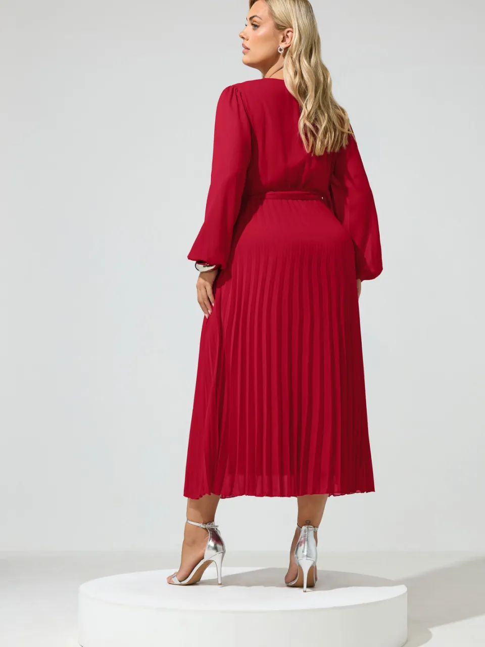 Yours London Rode Geplooide Wikkeljurk Met Lange Mouwen rood, foto 3