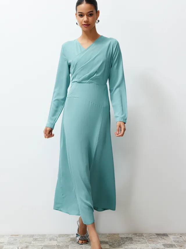 Trendyol Modest Dames Kaki Effen Maxi Lang Stijlvol/Avond Double-breasted Modest Avond Jurken