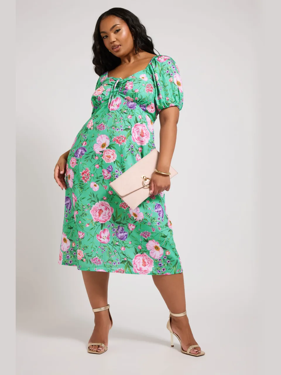 Yours London Midi Jurk Met Bloemenmotief En Korte Mouwen In Groen, foto 2
