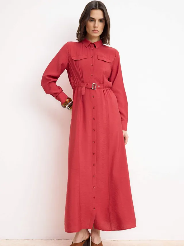 Turkishsouq Bruine platte maxi-jurk voor dames, lange casual/dagelijkse A-lijn jurk met hijab Rood