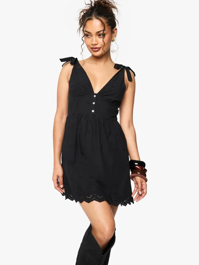 boohoo Dames Broderie Strappy Tie Detail Mini Jurk Zwart