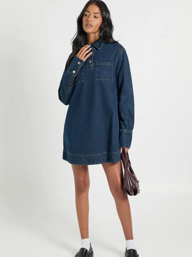boohoo Dames Denimjurk met lange mouwen voor lange vrouwen Indigo