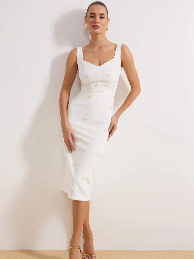 Turkishsouq Abiball Bodycon jurk voor dames, plat model, midi-lengte, mouwloos Wit