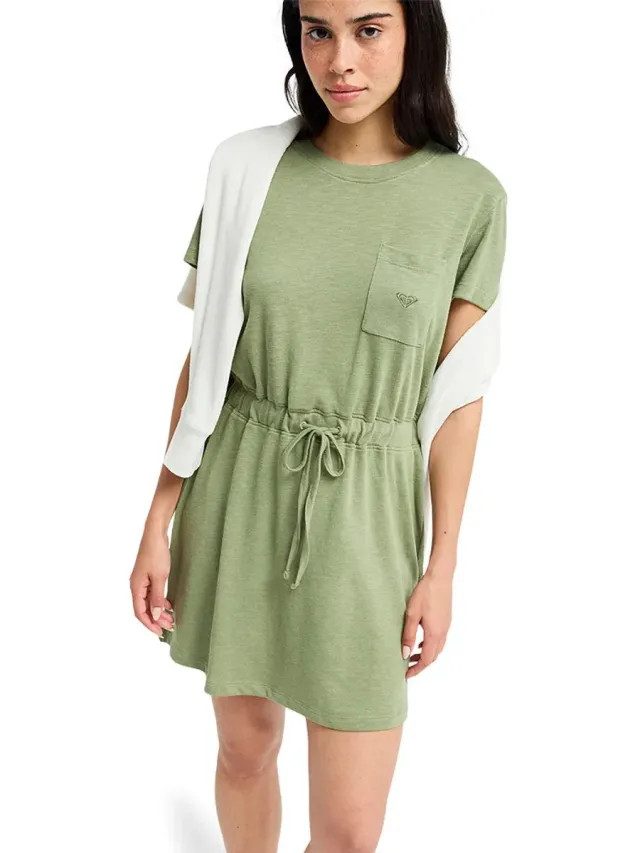 Roxy Sunny Expedition Solid Korte Mouw Jurk Groen M Vrouw Oil Green