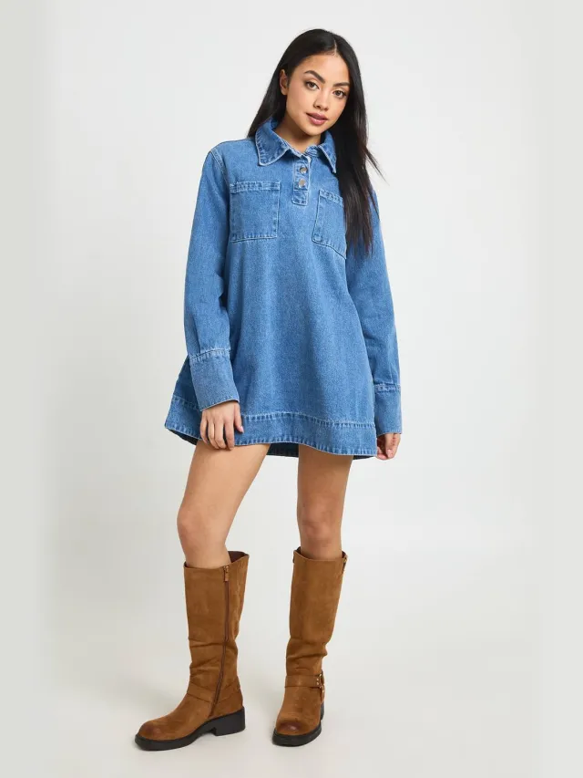 boohoo Dames Denim Jurk Met Lange Mouwen Medium Blauw