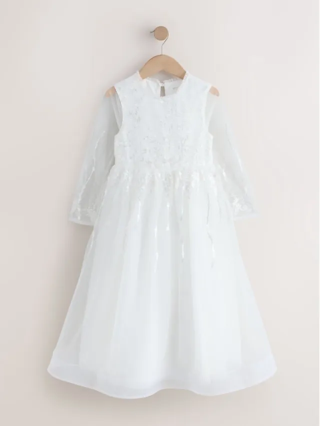 Next Meisjes - Lange mouwen jurk met bloemengeborduurde bloemen en strik - Wit White