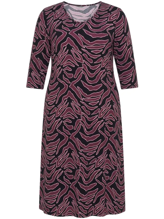 Ulla Popken Dames - Maxi-jurk grafische print V-hals 3/4-mouwen - Nougat bruin - Maat 58+