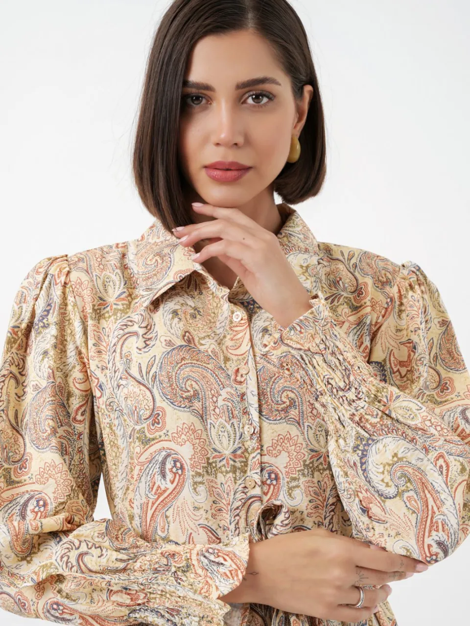 Big Dart Paisley Geknoopte Midi Shirtjurk geel, foto 2