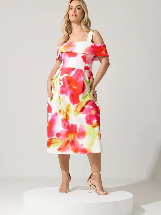 Yours London Witte Skaterjurk Met Blote Schouders En Abstract Patroon White