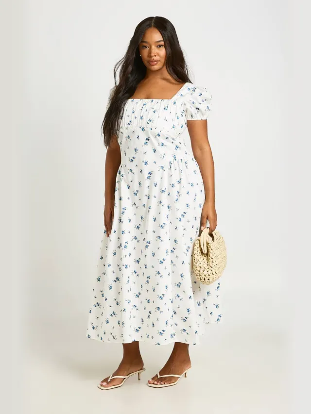 boohoo Dames Plus Ditsy Bloemenprint Melkmeisje Midaxi Jurk Wit