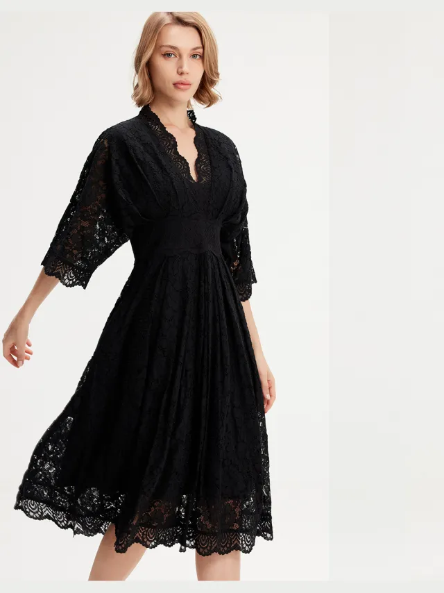 Smart & Joy Kimono mouwen kanten jurk Zwart