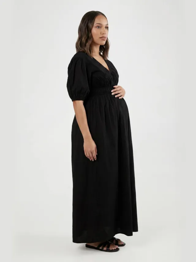 boohoo Dames Zwangerschaps Maxi Jurk Met Pofmouwen Van Poplin Zwart