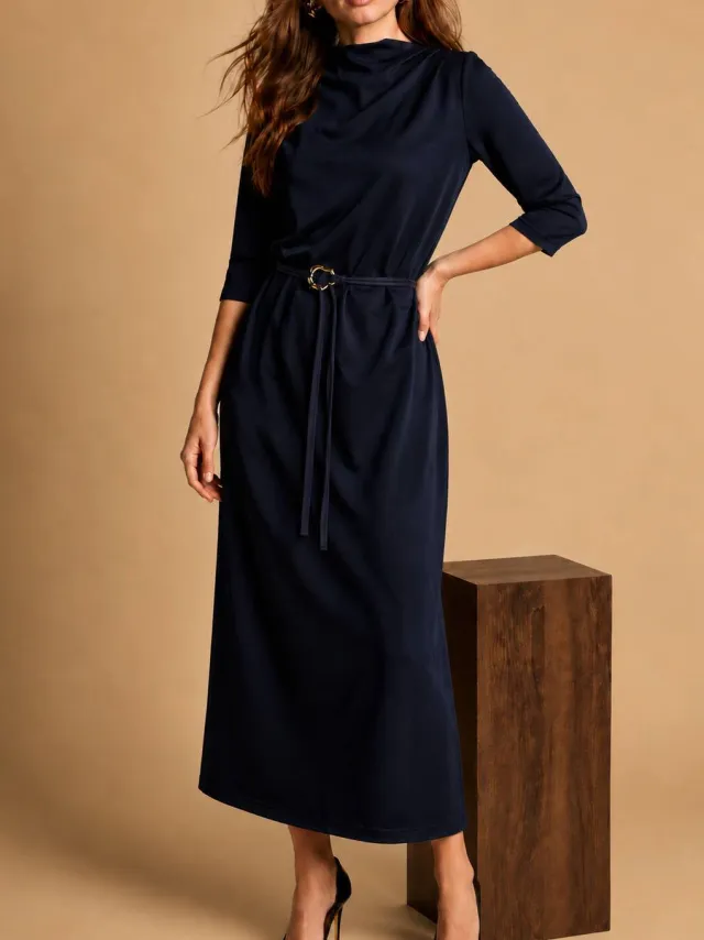 Freebird midi jurk met ceintuur donkerblauw