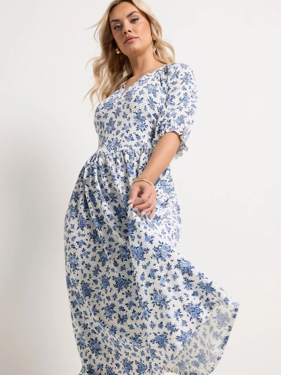 Yours Witte Maxijurk Met Bloemenprint, Polka Dots En Notch Neck-52, foto 2