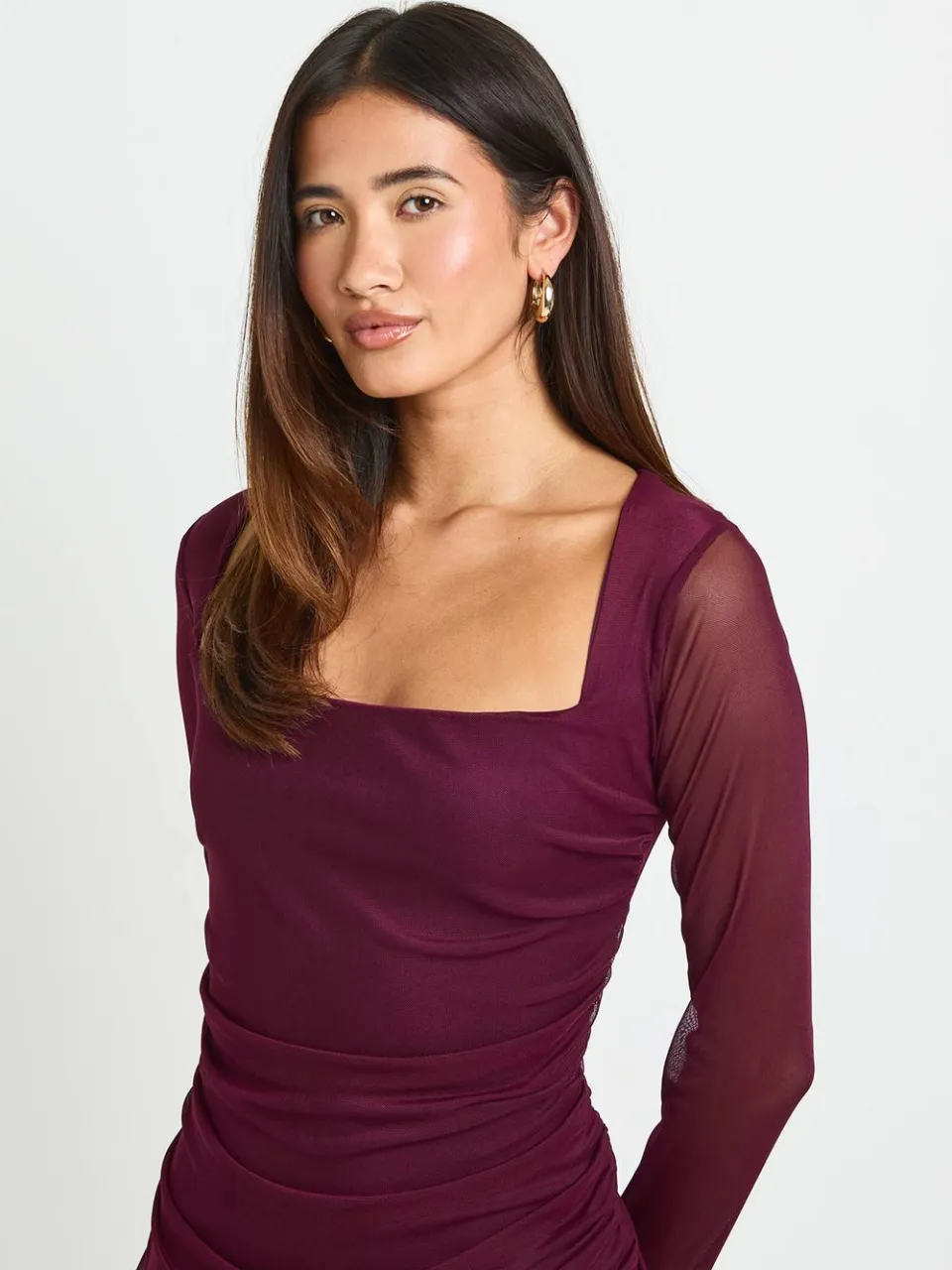 boohoo Dames Midi Bodycon Jurk Met Vierkante Hals En Gerimpelde Mesh pruim, foto 4