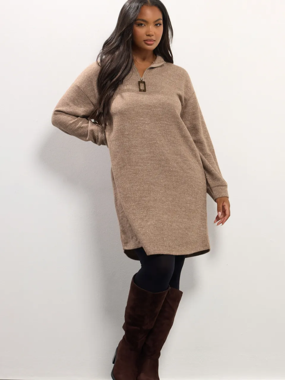 Yours Natuurbruin Geribbelde Quarter Zip Jumper Dress-52 bruin, foto 2