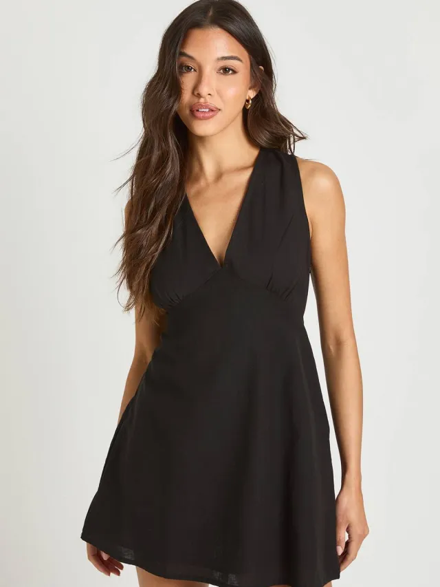 boohoo Dames Linnen Shift Jurk Met Bustdetail Zwart