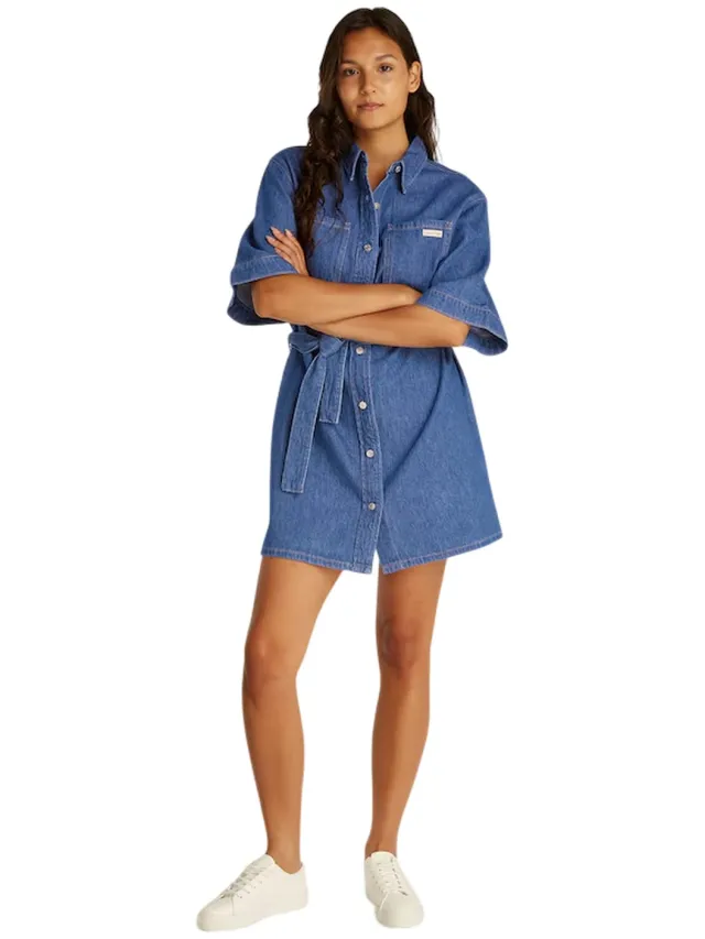 Calvin Klein Denim mini-shirtjurk met kraag en boxy pasvorm voor dames (Medium Blauw) Middelblauw