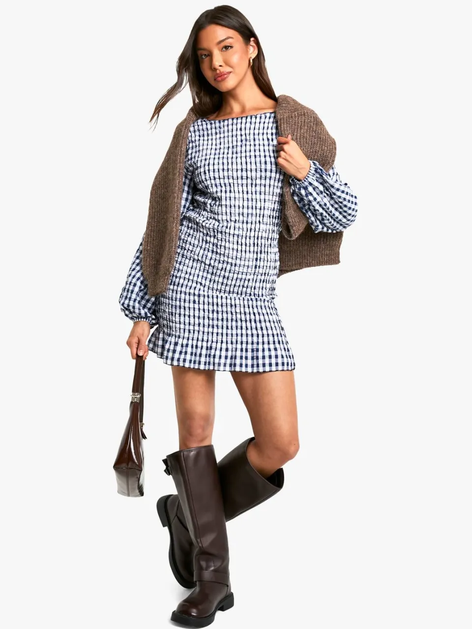 boohoo Dames Gingham geplooide lange mouw mini jurk Marineblauw
