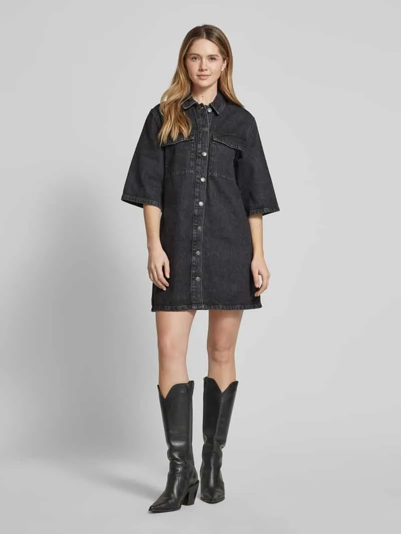 Selected Knielange jeansjurk met paspelzakken op de borst, model 'HARPER' zwart, foto 4